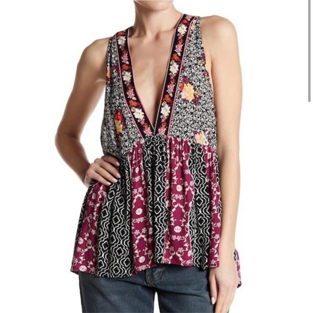 Free People Dream Darlin' Floral Tank Top Deep V-Neck